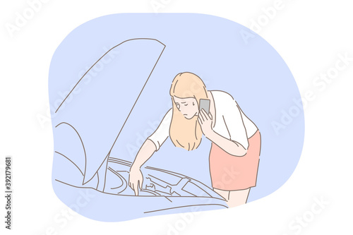 Women and car breakdown concept. Young unhappy frustrated woman driver cartoon character standing near open car hood during breakdown or accident and calling to somebody asking for help on phone 