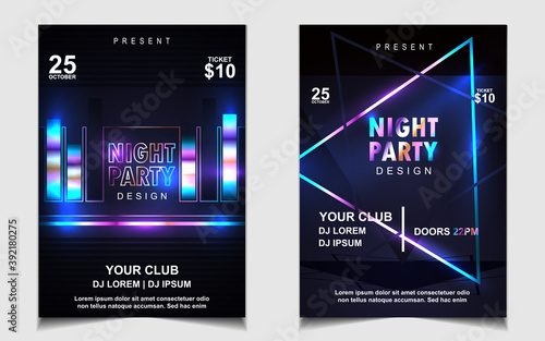 Music poster and flyer design background template with colorful disco light on dark background. Vector layout graphic for cover club night invitation, electro dance event, festival party banner