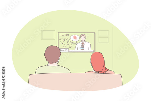 Watching television, programs, news, weather forecast concept. People man and woman sitting on sofa and watching television program about weather and news worldwide at home. Relax, rest, tv show