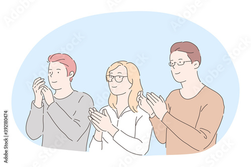 Applauding, support, congratulation concept. Three young positive people cartoon characters standing, looking aside and applauding with hands to partner or colleague. Applause, clapping, approval