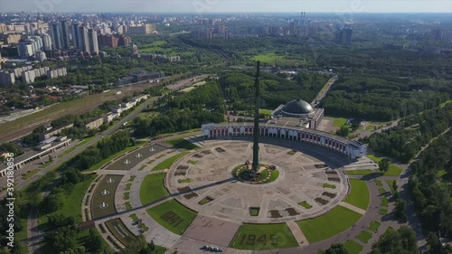 sunny moscow poklonnaya hill park square cityscape aerial flight over panorama 4k russia