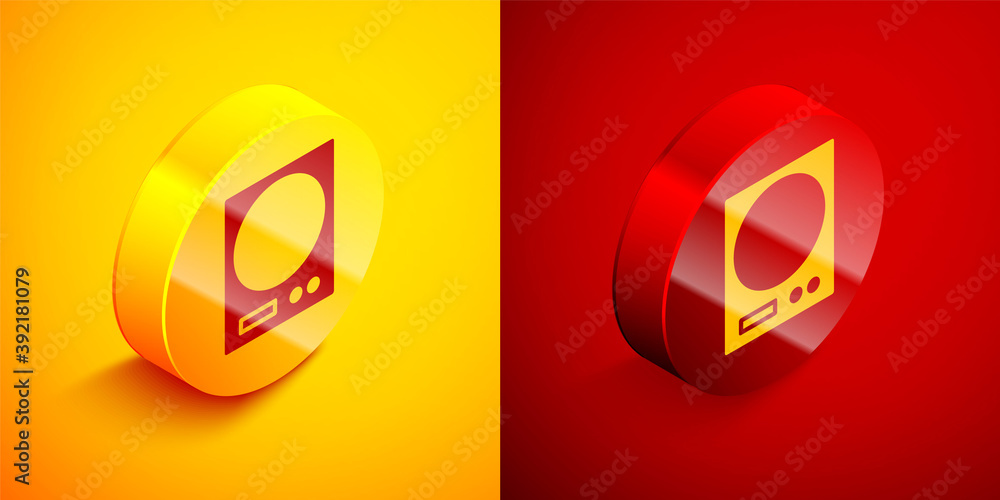 Isometric Electronic scales icon isolated on orange and red background. Weight measure equipment. Circle button. Vector Illustration.