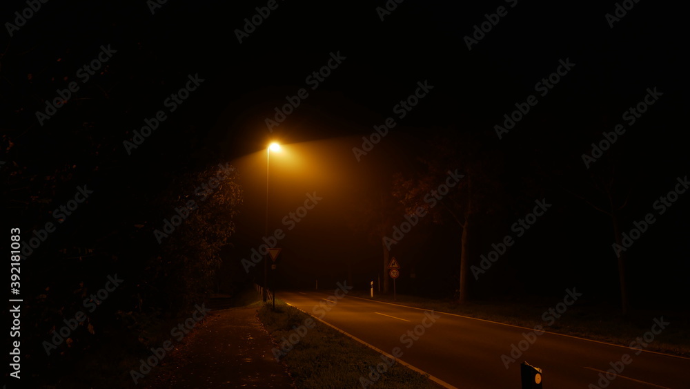 Einsame Landstraße in der Nacht im Nebel mit einer fahlen Straßenlaterne (Natriumdampf) erzeugt das typische Gefühl der Einsamkeit in der Corona Covid19 Pandemie