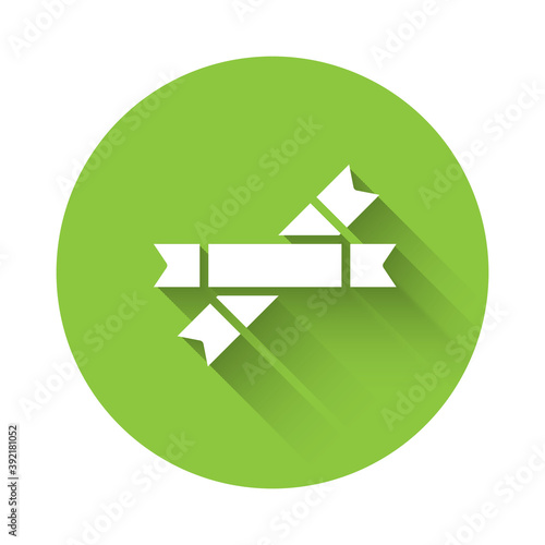 White Sugar stick packets icon isolated with long shadow. Blank individual package for bulk food products as coffee, salt, spices. Green circle button. Vector Illustration.