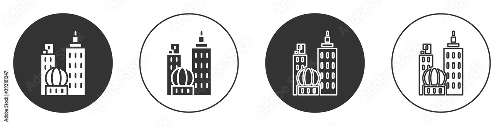 Black City landscape icon isolated on white background. Metropolis architecture panoramic landscape. Circle button. Vector Illustration. Black City landscape icon isolated on white background. Metropolis architecture panoramic landscape. Circle button. Vector Illustration.