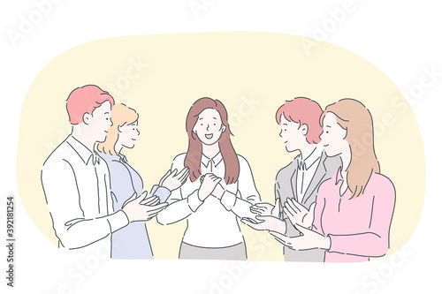 Applauding, support, congratulation concept. Young positive business people workers cartoon characters standing and applauding with hands to their partner, boss, manager, coworker in office 