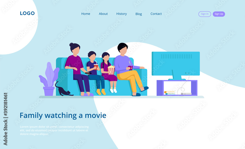 Illustration In Cartoon Style With Vector Male And Female Flat Characters. Webpage Template Composition Of Four Family Members Sitting On Couch Watching Movie On TV-set. Modern Cosy Design Elements Illustration In Cartoon Style With Vector Male And Female Flat Characters. Webpage Template Composition Of Four Family Members Sitting On Couch Watching Movie On TV-set. Modern Cosy Design Elements