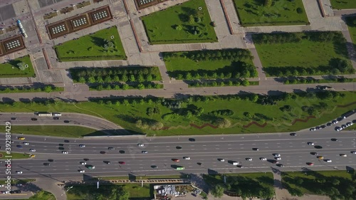 sunny moscow poklonnaya hill park square traffic avenue cityscape aerial flight over panorama 4k russia