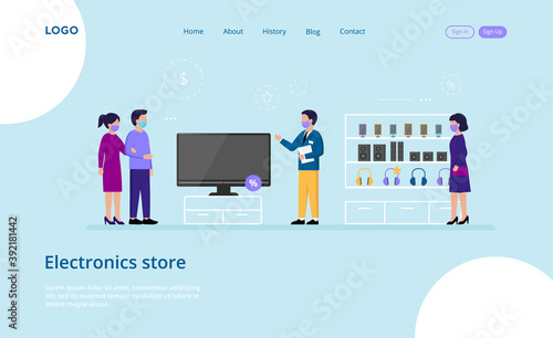 Electronics Store Vector Illustration In Cartoon Flat Style With Writings. Website Template Composition On Blue Background Of Male And Female Characters Wearing Masks At Shop. Clients Buying TV Set