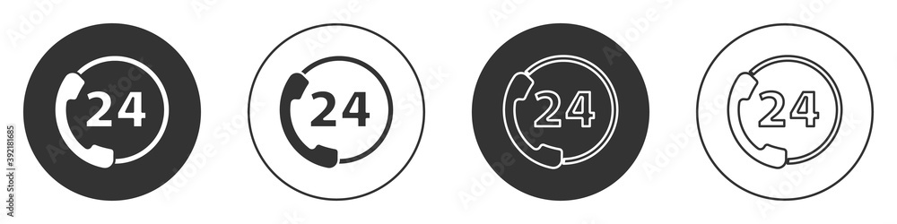 Black Telephone 24 hours support icon isolated on white background. All-day customer support call-center. Full time call services. Circle button. Vector Illustration. Black Telephone 24 hours support icon isolated on white background. All-day customer support call-center. Full time call services. Circle button. Vector Illustration.