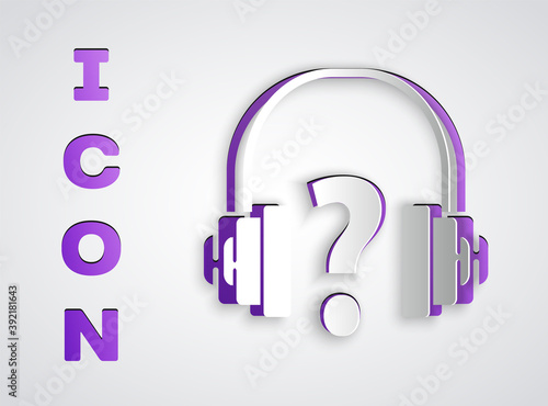 Paper cut Headphones icon isolated on grey background. Support customer service, hotline, call center, faq, maintenance. Paper art style. Vector Illustration.