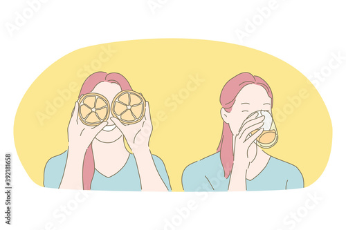 Healthy eating, citrus fresh drink, diet, vitamin, refreshment concept. Young happy woman cartoon character holding fresh orange pieces in hands and drinking freshly squeezed orange juice from glass