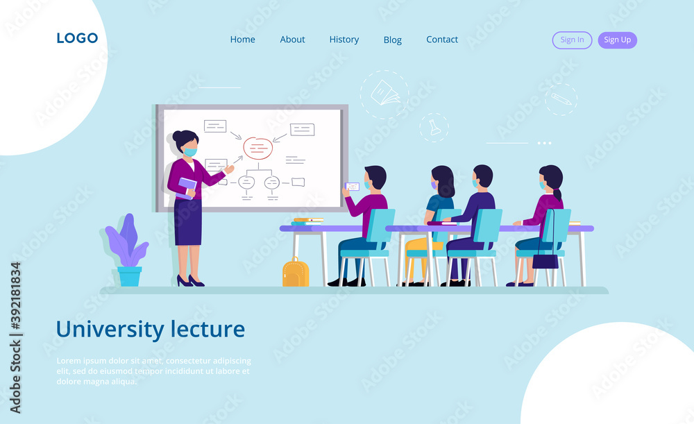 Illustration Of University Lecture In Safe Conditions. Vector Cartoon Composition In Flat Style. Website Template With Writings On Blue Background. Teacher At Blackboard Speaking To Students In Masks
