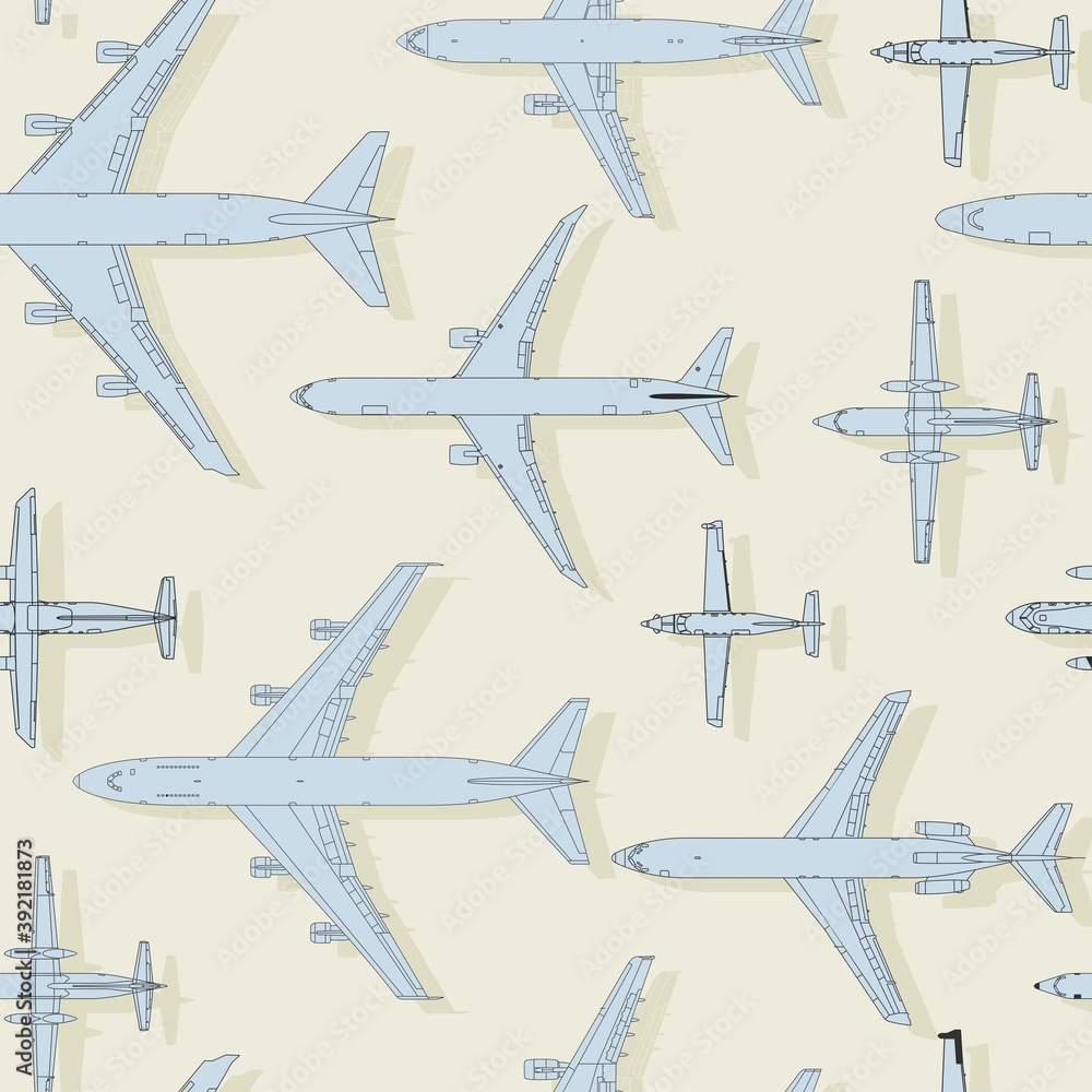 Seamless pattern flying passenger airplanes from different times. Airplane drawings