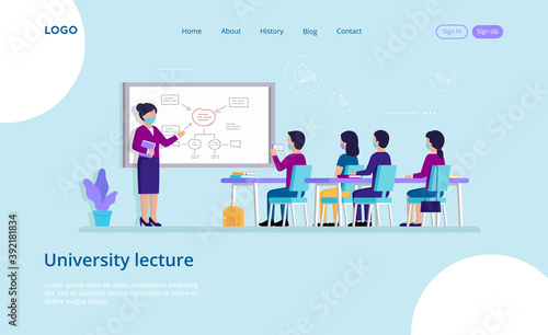 Illustration Of University Lecture In Safe Conditions. Vector Cartoon Composition In Flat Style. Website Template With Writings On Blue Background. Teacher At Blackboard Speaking To Students In Masks