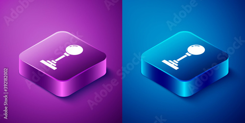 Isometric Joystick for arcade machine icon isolated on blue and purple background. Joystick gamepad. Square button. Vector Illustration.