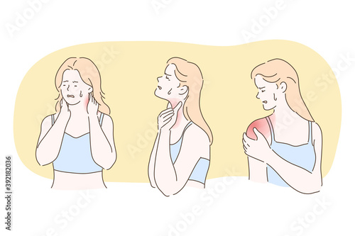 Suffering from pain in muscles, joints, injury, ache, disease concept. Young unhappy woman cartoon character feeling strong pain in neck, shoulder, throat crying of feelings. Trauma, chronic illness