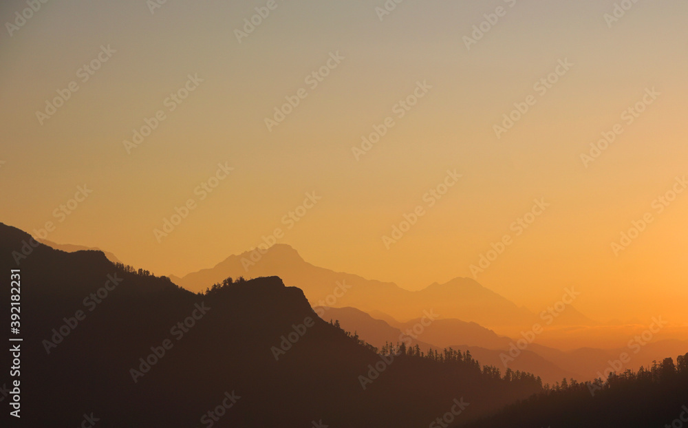 Annapurna mountain with sunrise on himalaya rang mountain in the morning seen from Poon Hill, Nepal - Blue Nature view  