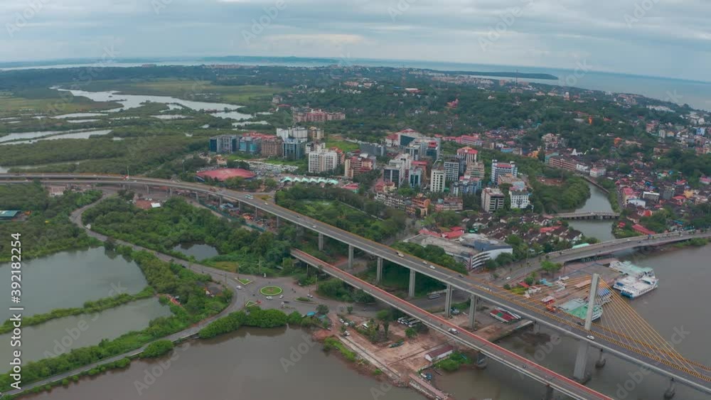 Aerial view of Atal Setu bridge over the Mandovi river, Panjim, Goa, India. Aerial view of Atal Setu bridge over the Mandovi river, Panjim, Goa, India.