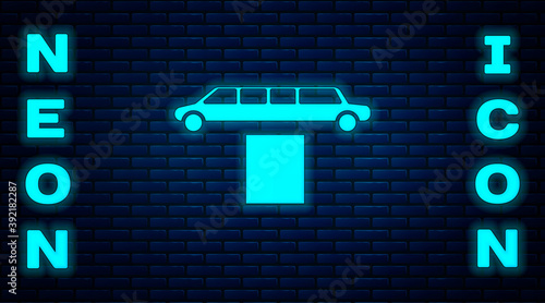 Glowing neon Luxury limousine car and carpet icon isolated on brick wall background. For world premiere celebrities and guests poster. Vector Illustration.