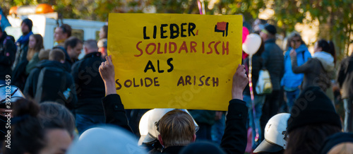 Leipzig, Germany - November 07, 2020: Counter-demonstrators / Left-wing demonstrators in Schiller Park