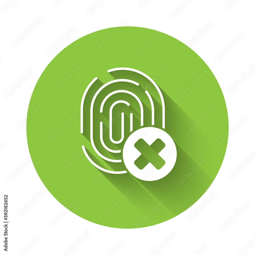 White Cancelled fingerprint icon isolated with long shadow. Access denied for user concept. Error, fraud. Identification sign. Touch id. Green circle button. Vector. White Cancelled fingerprint icon isolated with long shadow. Access denied for user concept. Error, fraud. Identification sign. Touch id. Green circle button. Vector.