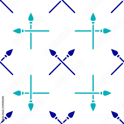 Blue Crossed medieval spears icon isolated seamless pattern on white background. Medieval weapon. Vector.