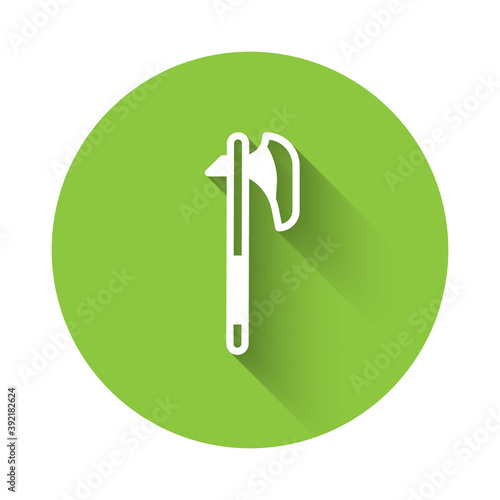 White Medieval axe icon isolated with long shadow. Battle axe, executioner axe. Medieval weapon. Green circle button. Vector.