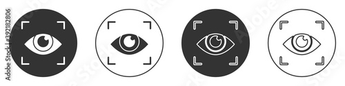 Black Eye scan icon isolated on white background. Scanning eye. Security check symbol. Cyber eye sign. Circle button. Vector.