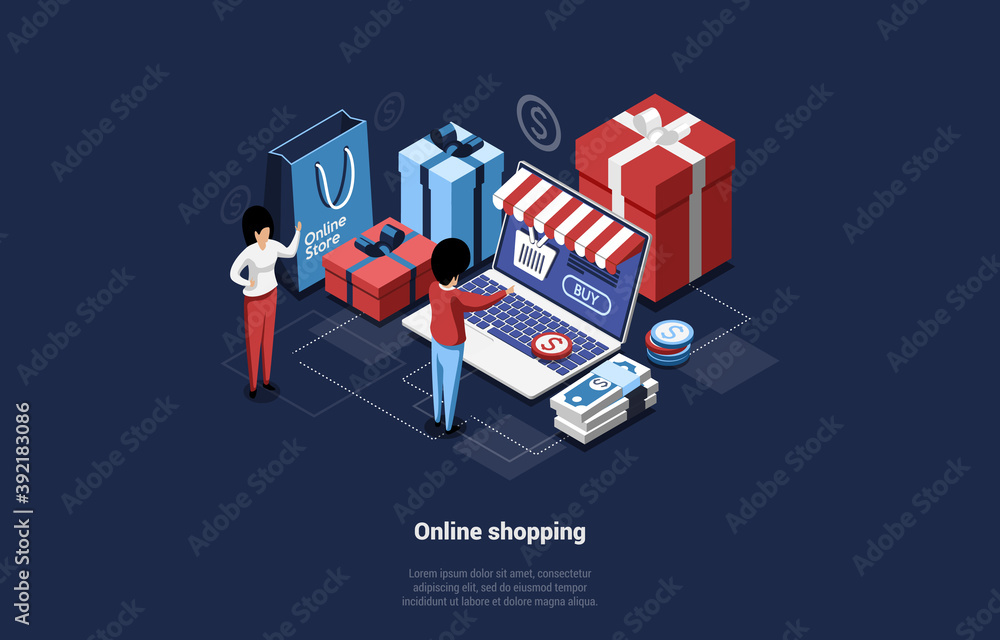 3D Vector Illustration In Isometric Cartoon Style On Dark Background. Conceptual Composition On Online Shopping Concept. Characters Near Big Laptop, Gift Boxes, Bag, Money Banknotes And Dollar Coins