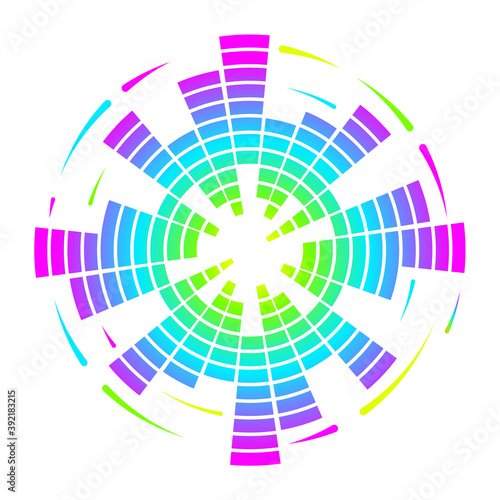 Color geometric circular neon equalizer. Eq round audio soundwaves. Vector illustration isolated on white background.