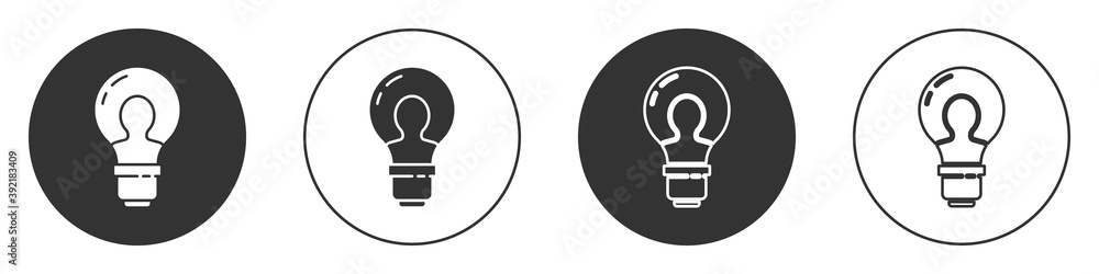 Black Human head with lamp bulb icon isolated on white background. Circle button. Vector. Black Human head with lamp bulb icon isolated on white background. Circle button. Vector.