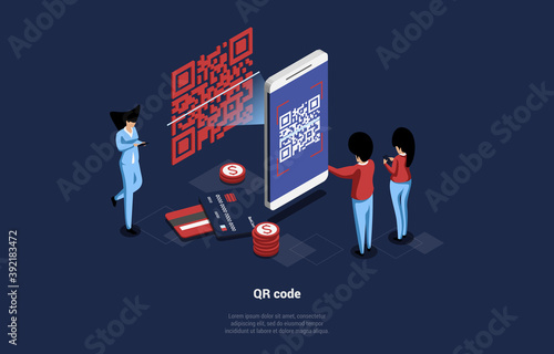 Isometric Vector Illustration Of QR Code In Cartoon 3D Style With Writings. Group Of Tiny People Using Huge Smartphone Scanner To Verificate. Credit Cards And Dollar Coins Lying Around Characters photo