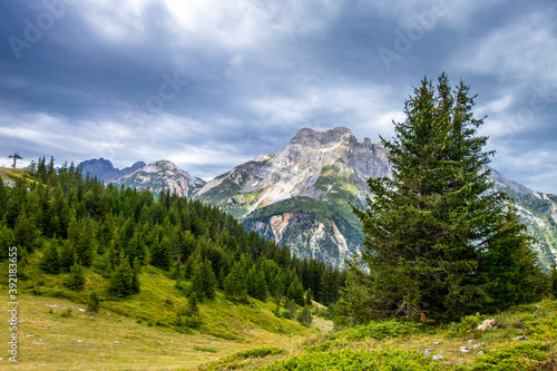 Mountain and pastures landscape in French alps