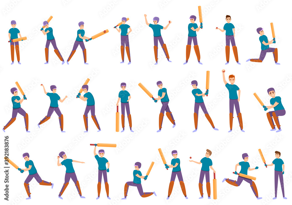 Kids playing cricket icons set. Cartoon set of kids playing cricket vector icons for web design Kids playing cricket icons set. Cartoon set of kids playing cricket vector icons for web design