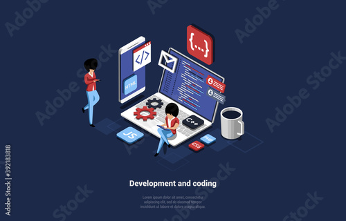 Web Development, Coding And Online Operation Concept In Isometric Design. Vector Cartoon Illustration. Making Of Internet Application Or Website Service In 3D Style. Big Laptop And Business Characters