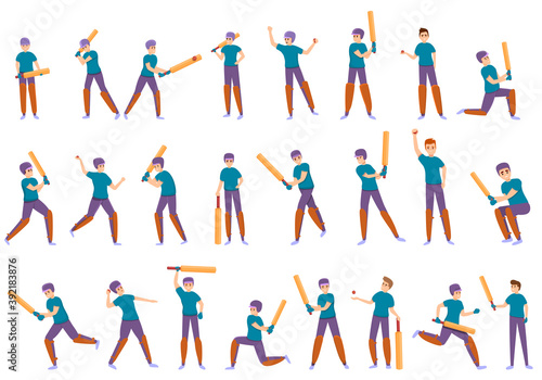 Kids playing cricket icons set. Cartoon set of kids playing cricket vector icons for web design