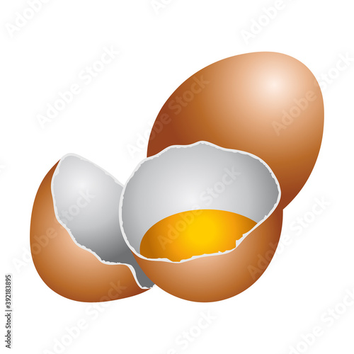 Illustration 3D d’un œuf cassé en deux et d’un œuf entier.