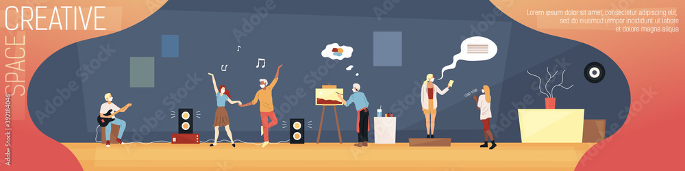 Vector Cartoon Illustration In Flat Style With Writing. Colorful Composition Of Creative Space Design Concept. Male And Female Characters Playing Guitar, Dancing, Drawing, Reading Poetry Together