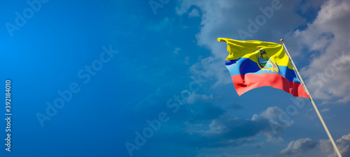 Beautiful national state flag of Ecuador with blank space. Ecuador flag on wide background with place for text 3D artwork.