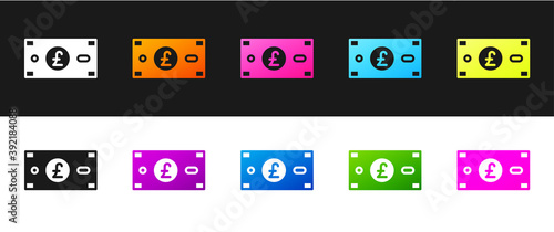 Set Pound sterling money icon isolated on black and white background. Pound GBP currency symbol. Vector.