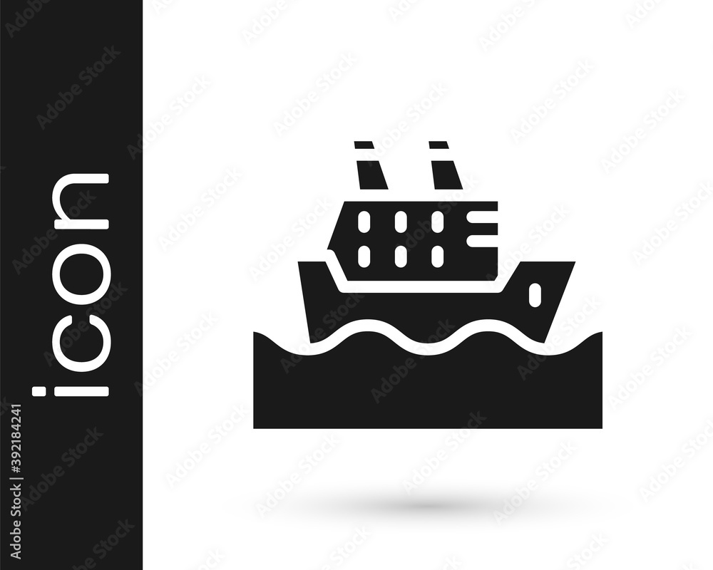 Obraz premium Black Cruise ship in ocean icon isolated on white background. Cruising the world. Vector.