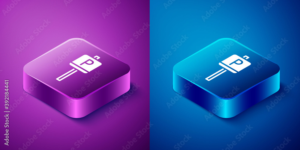 Isometric Parking icon isolated on blue and purple background. Street road sign. Square button. Vector. Isometric Parking icon isolated on blue and purple background. Street road sign. Square button. Vector.