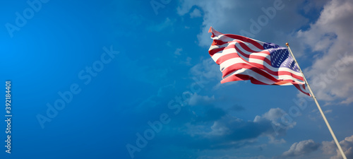 Beautiful national state flag of USA America with blank space. USA America flag on wide background with place for text 3D artwork.
