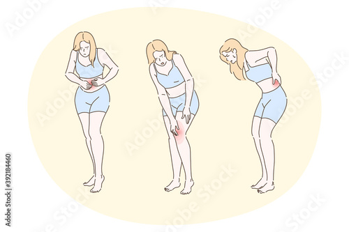 Suffering from pain in muscles, joints, injury, ache, disease concept. Young unhappy woman cartoon character feeling strong pain in stomach, knee and back. Trauma, chronic illness, inflammation 