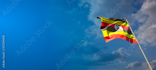 Beautiful national state flag of Uganda with blank space. Uganda flag on wide background with place for text 3D artwork.