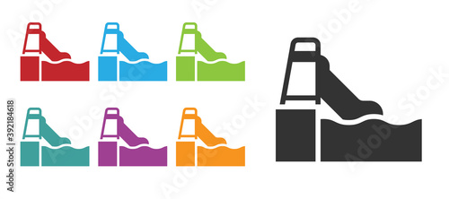 Black Water slide with pool icon isolated on white background. Aquapark. Set icons colorful. Vector.