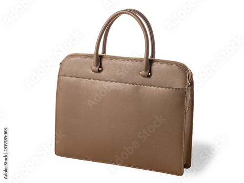 Brown color briefcase isolated on white with shadow. Brown business leather bag, Leather women casual or business briefcase on white background