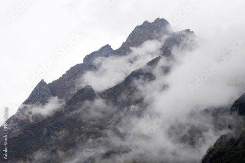 Closeup texture of annapurna massif mountains with fog on annapurna national park Nepal - surface background concept - Nature Travel Adventure outdoor backpacking in asia 
