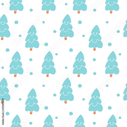 Hand drawn Christmas seamless pattern with fir-tree forest, landscape, snowflake on white background. Vector flat illustration. Design for textile, wrapping, wallpaper, packaging, fabric